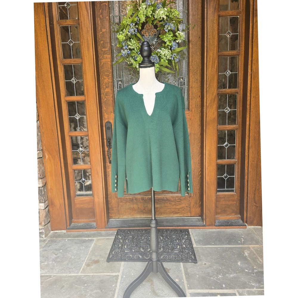 Entro Womens Emerald Green Split Neck Sweater Gold Button Cuff Size M